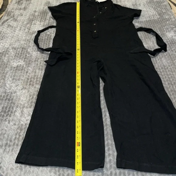 Anrabess Black Linen Blend Romper/Jumpsuit. Wide Leg w waist tie belt.  Large. - Picture 9 of 14